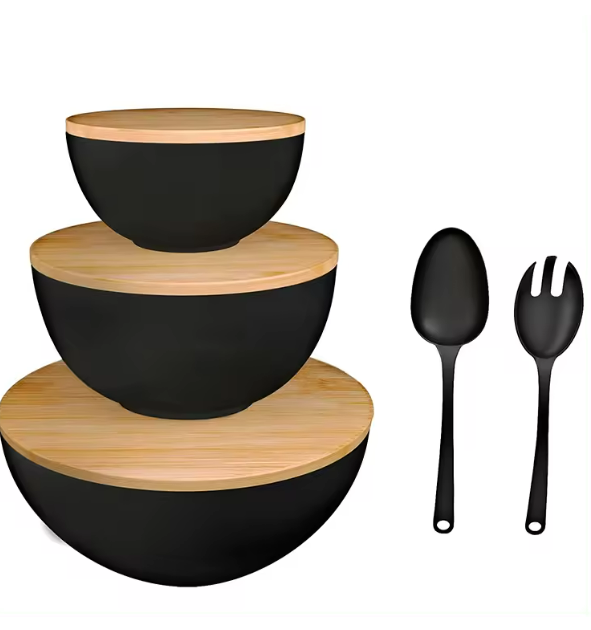 Bamboo Salad Bowl with Lids, 10" Large Salad Bowl Set, Bamboo Fiber Mixing Bowl Set of 3, Serving Bowls for Preparing & Serving Salad, Pasta, Fruits, Vegetables, Popcorn and Chips